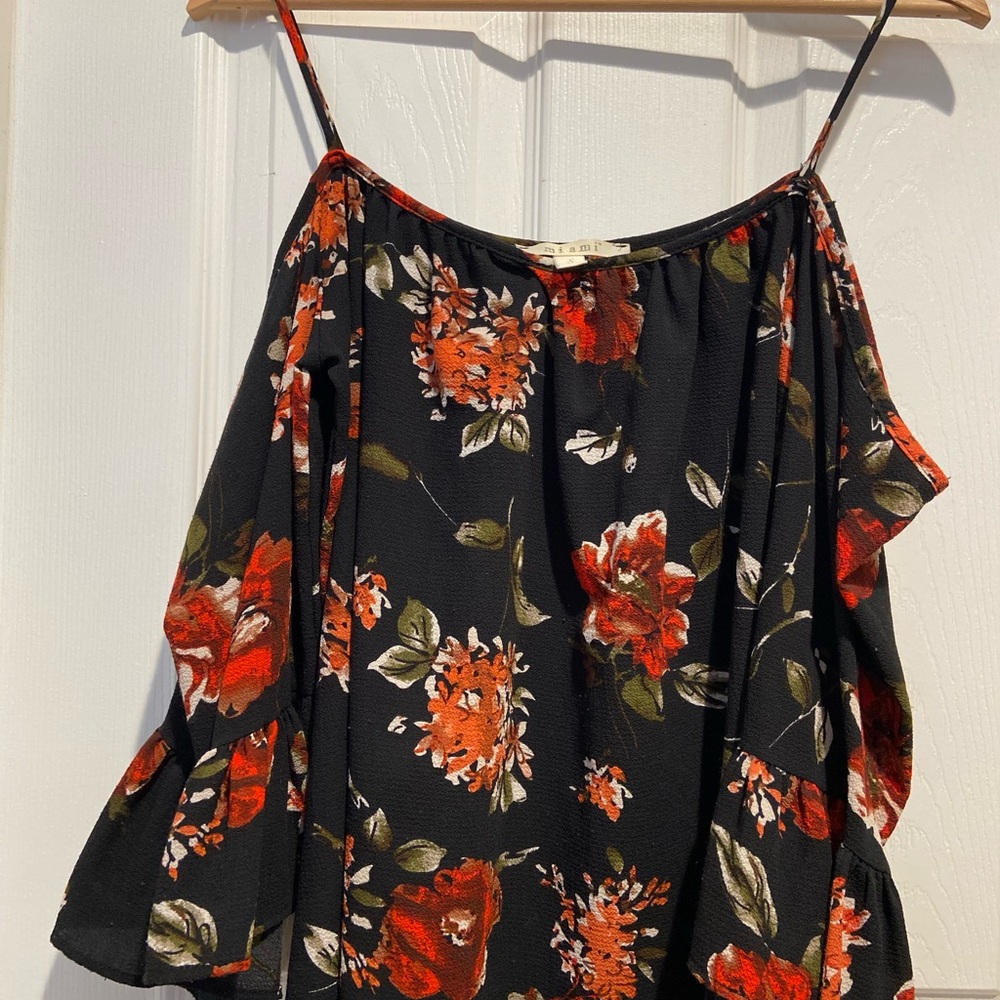 miami Black Floral Cold-Shoulder Camisole with Red and Green Blooms